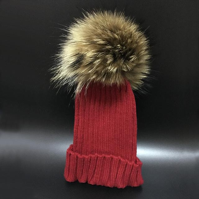 Winter Girls Boys Fur Pom Pom Beanies Hats Cotton Beanies Cap For Baby Lovely Winter Knitted Hats With Fur PomPom Hats Kids