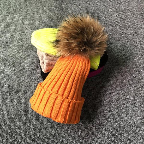 Winter Girls Boys Fur Pom Pom Beanies Hats Cotton Beanies Cap For Baby Lovely Winter Knitted Hats With Fur PomPom Hats Kids