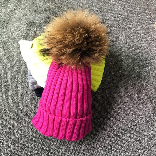 Winter Girls Boys Fur Pom Pom Beanies Hats Cotton Beanies Cap For Baby Lovely Winter Knitted Hats With Fur PomPom Hats Kids