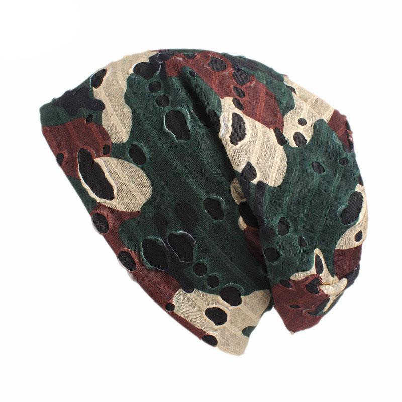 Cotton Hole Empty Camouflage Star Pile  Ear Protection Cap Unisex Women Soft Stretchy Beanie Hat Broken Hole chemo baggy cap