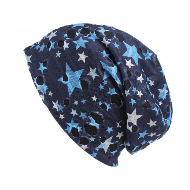 Cotton Hole Empty Camouflage Star Pile  Ear Protection Cap Unisex Women Soft Stretchy Beanie Hat Broken Hole chemo baggy cap