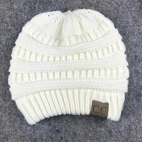 BONJEAN Women Winter Knitted Cap Casual CC labeling Beanies Hat High bun Ponytail 10 colors Hip-Hop Skullies Beanie turban hat