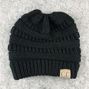 BONJEAN Women Winter Knitted Cap Casual CC labeling Beanies Hat High bun Ponytail 10 colors Hip-Hop Skullies Beanie turban hat