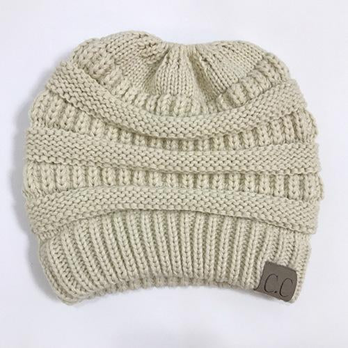 BONJEAN Women Winter Knitted Cap Casual CC labeling Beanies Hat High bun Ponytail 10 colors Hip-Hop Skullies Beanie turban hat