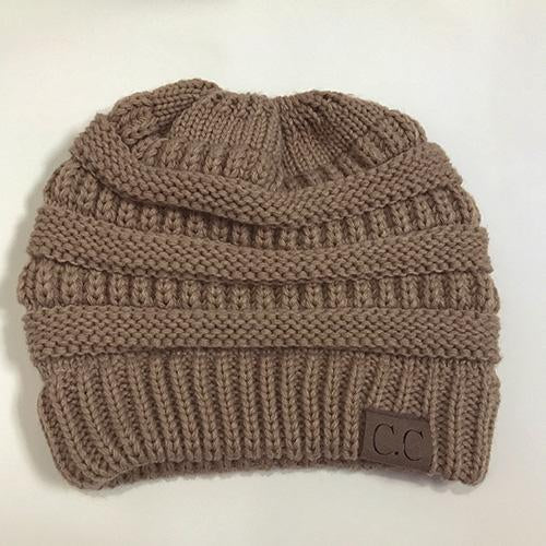 BONJEAN Women Winter Knitted Cap Casual CC labeling Beanies Hat High bun Ponytail 10 colors Hip-Hop Skullies Beanie turban hat