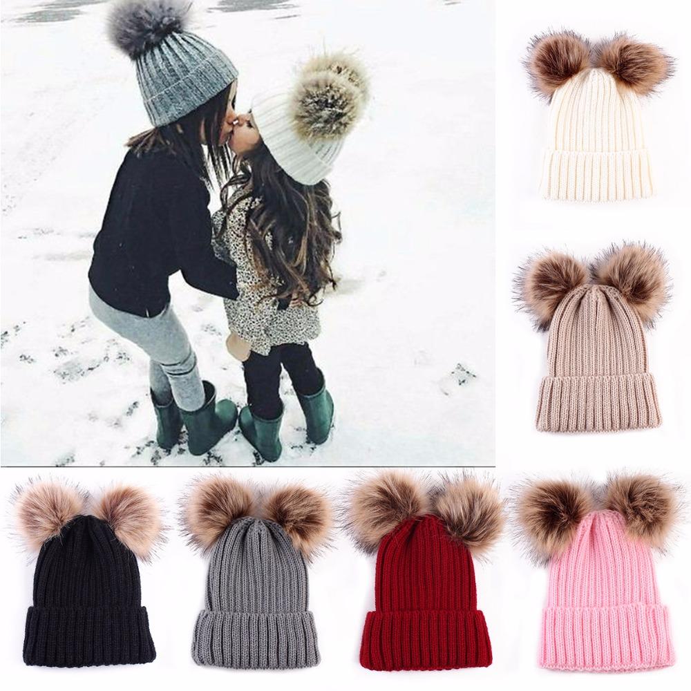 Puseky Dual Ball Knitted Baby Caps Boys Girls Toddler Crochet Beanie Hairball Ear Baby Hat Cute Children Caps