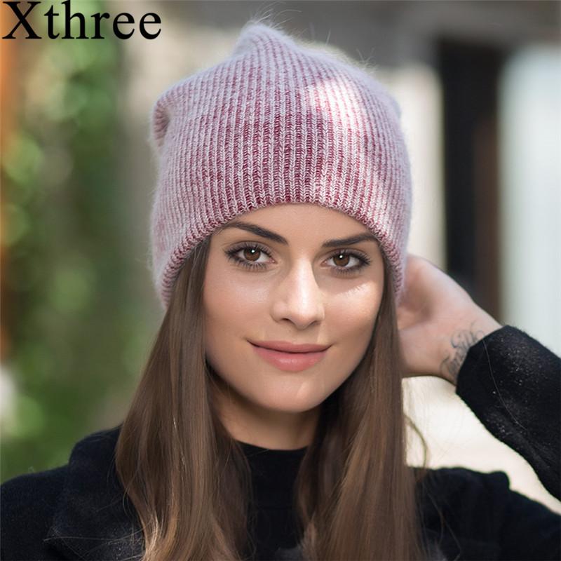 Xthree 2017 new simple Rabbit fur Beanie Hat for Women Winter Skullies Warm Gravity Falls Cap Gorros Female Cap
