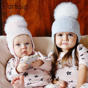 Baby Hat Winter Pearl Girls Cap Artificial Fur Ball Baby Boy Hats Infant Earflap Caps Wool Knitted Children's Hats Caps For Kids