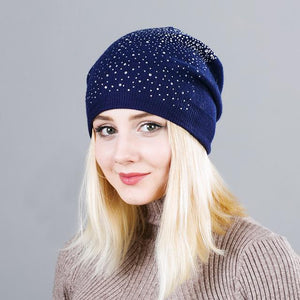 Warm Female Winter Beanie Hats Wool Knitted Caps Women Flashing Rhinestone Bonnet For Girl Skullies Hat Touca Feminina Inverno