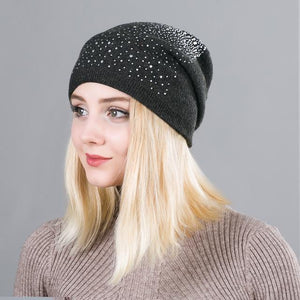 Warm Female Winter Beanie Hats Wool Knitted Caps Women Flashing Rhinestone Bonnet For Girl Skullies Hat Touca Feminina Inverno