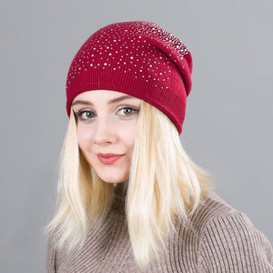 Warm Female Winter Beanie Hats Wool Knitted Caps Women Flashing Rhinestone Bonnet For Girl Skullies Hat Touca Feminina Inverno