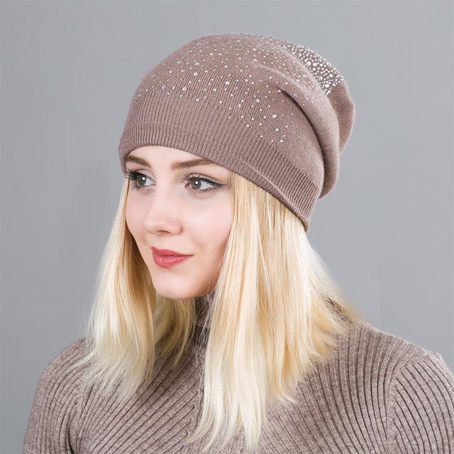 Warm Female Winter Beanie Hats Wool Knitted Caps Women Flashing Rhinestone Bonnet For Girl Skullies Hat Touca Feminina Inverno