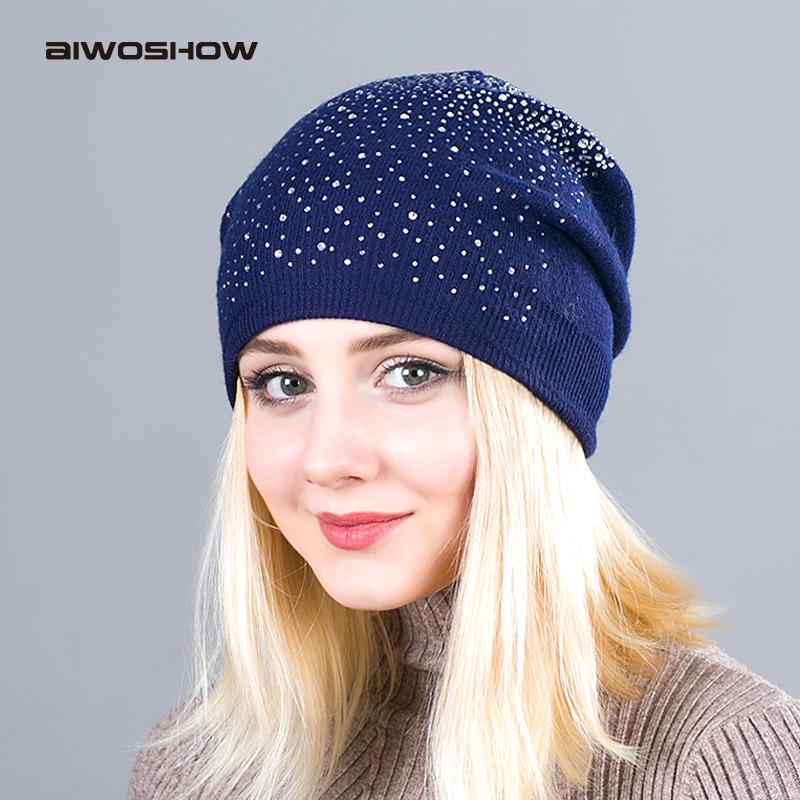 Warm Female Winter Beanie Hats Wool Knitted Caps Women Flashing Rhinestone Bonnet For Girl Skullies Hat Touca Feminina Inverno