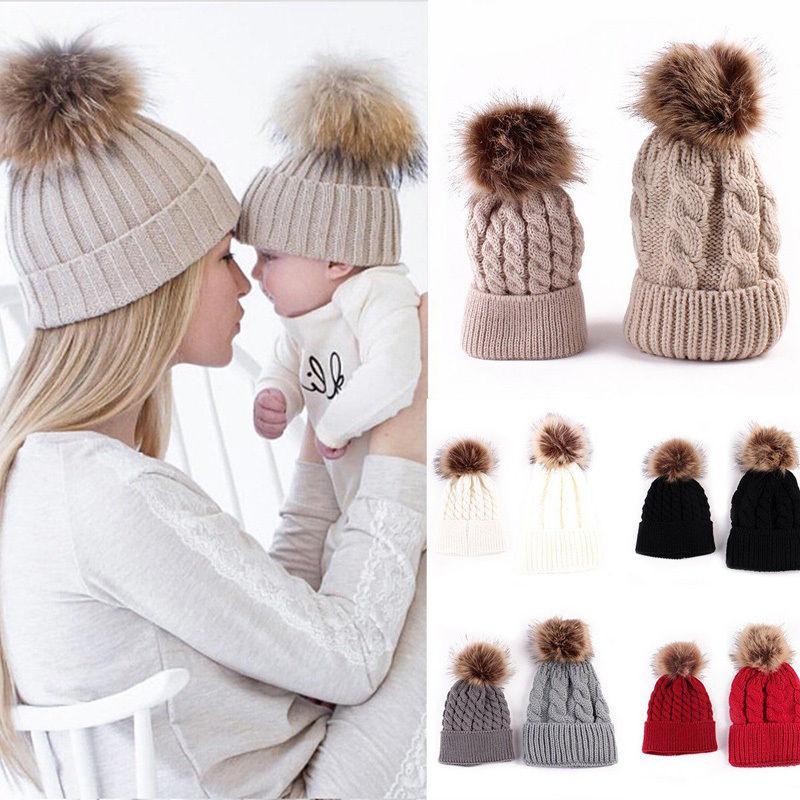 Mom Baby Knit Pom Hat Set