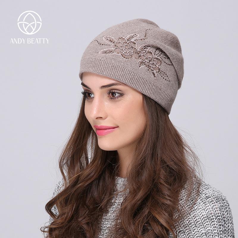 Andybeatty Women's Winter Hats Knitted Wool Skullies Casual Cap with Flower Pattern Gorros Thick Warm Bonnet Beanie Hat for girl
