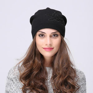 Andybeatty Women's Winter Hats Knitted Wool Skullies Casual Cap with Flower Pattern Gorros Thick Warm Bonnet Beanie Hat for girl