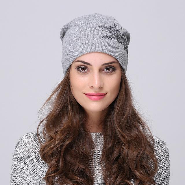 Andybeatty Women's Winter Hats Knitted Wool Skullies Casual Cap with Flower Pattern Gorros Thick Warm Bonnet Beanie Hat for girl