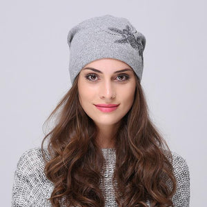 Andybeatty Women's Winter Hats Knitted Wool Skullies Casual Cap with Flower Pattern Gorros Thick Warm Bonnet Beanie Hat for girl