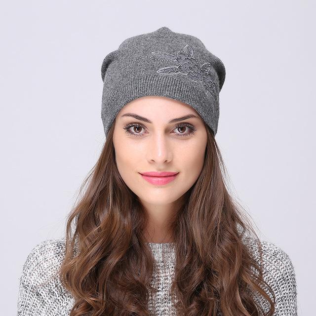 Andybeatty Women's Winter Hats Knitted Wool Skullies Casual Cap with Flower Pattern Gorros Thick Warm Bonnet Beanie Hat for girl
