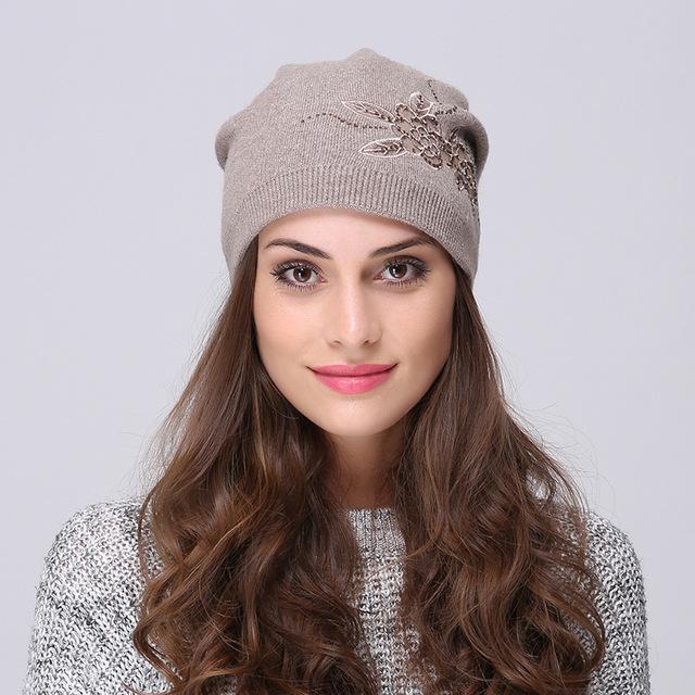Andybeatty Women's Winter Hats Knitted Wool Skullies Casual Cap with Flower Pattern Gorros Thick Warm Bonnet Beanie Hat for girl