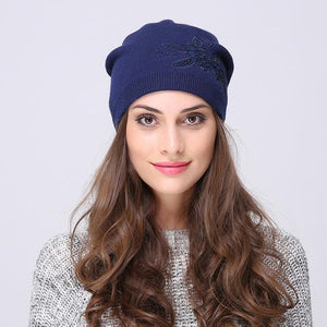 Andybeatty Women's Winter Hats Knitted Wool Skullies Casual Cap with Flower Pattern Gorros Thick Warm Bonnet Beanie Hat for girl