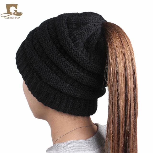 2017 winter Women's popular beanies hats girls lady hat Tail Soft Stretch Cable Knit Messy High Bun Ponytail caps