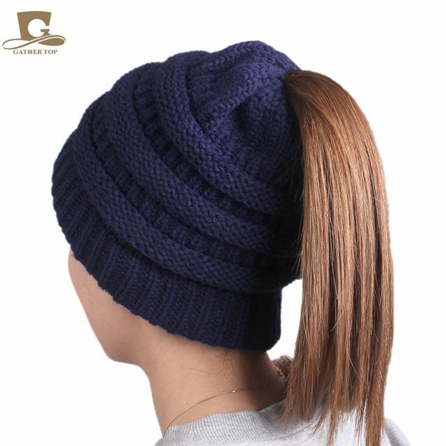 2017 winter Women's popular beanies hats girls lady hat Tail Soft Stretch Cable Knit Messy High Bun Ponytail caps
