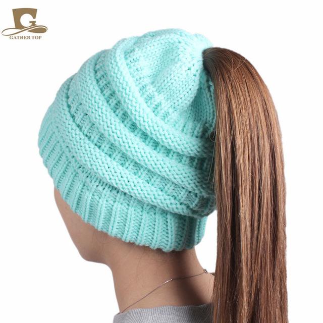 2017 winter Women's popular beanies hats girls lady hat Tail Soft Stretch Cable Knit Messy High Bun Ponytail caps