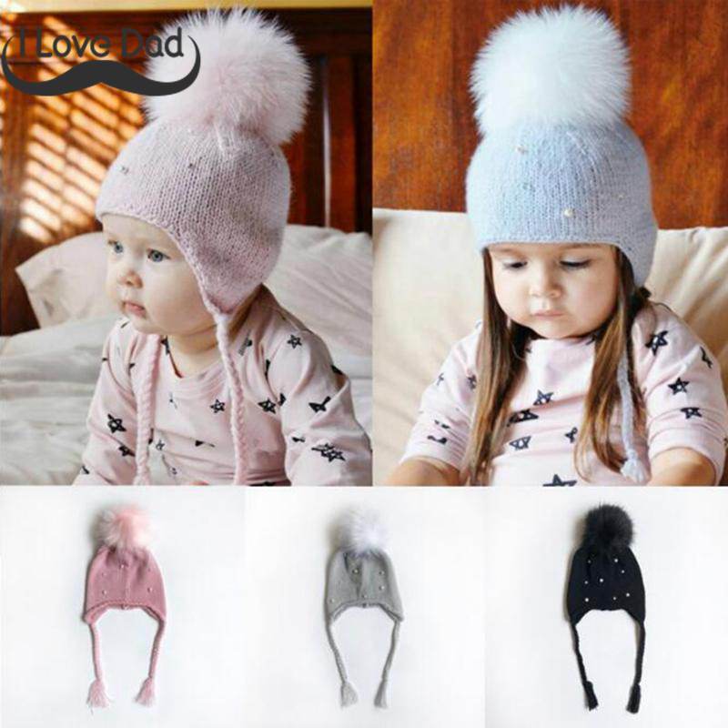 2017 Baby Winter Hat Fur Pompom Caps bonnet enfant Toddler Boys Girls Knitted Cap Cotton Protect The Ears Hats Warm Kids Beanie