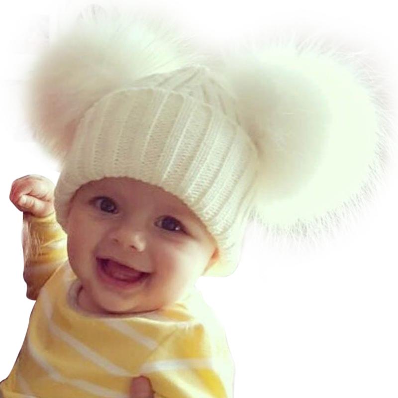 Baby Winter Beanie Knit Hats 2017 Fashion Fur Ball Kids Warm Raccoon Beanies Wool Hat Pompom Ball Cute Caps For Baby