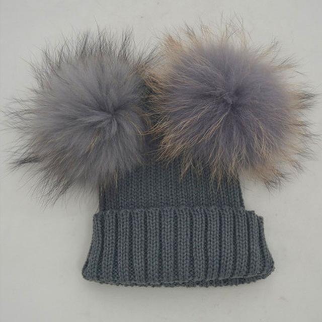 Baby Winter Beanie Knit Hats 2017 Fashion Fur Ball Kids Warm Raccoon Beanies Wool Hat Pompom Ball Cute Caps For Baby