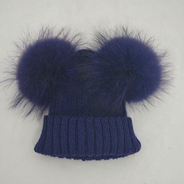 Baby Winter Beanie Knit Hats 2017 Fashion Fur Ball Kids Warm Raccoon Beanies Wool Hat Pompom Ball Cute Caps For Baby