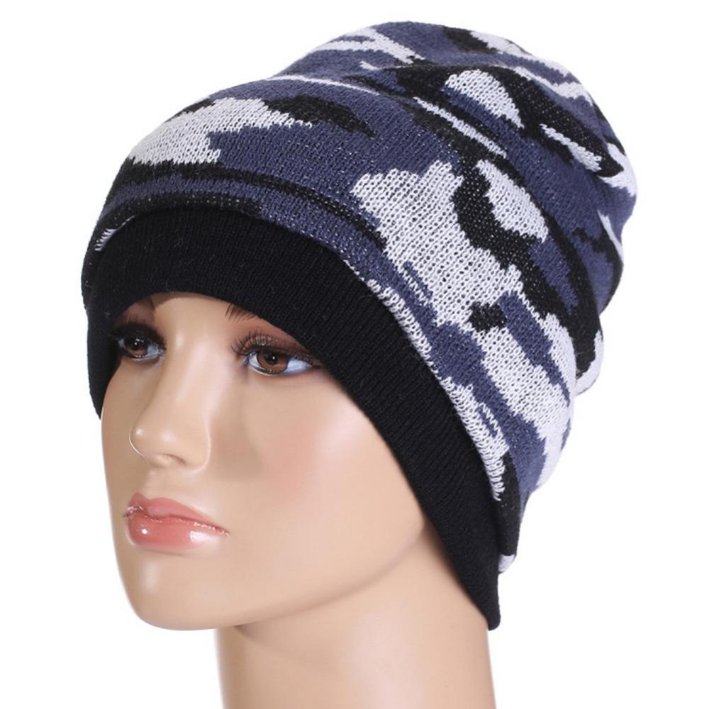 New Mens Camouflage Print Knit Fleece Lined Winter Warm Beanie Hat Crochet Cap