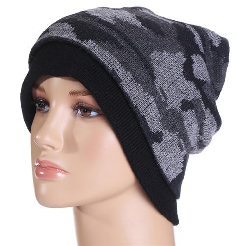 New Mens Camouflage Print Knit Fleece Lined Winter Warm Beanie Hat Crochet Cap