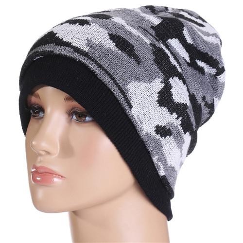 New Mens Camouflage Print Knit Fleece Lined Winter Warm Beanie Hat Crochet Cap
